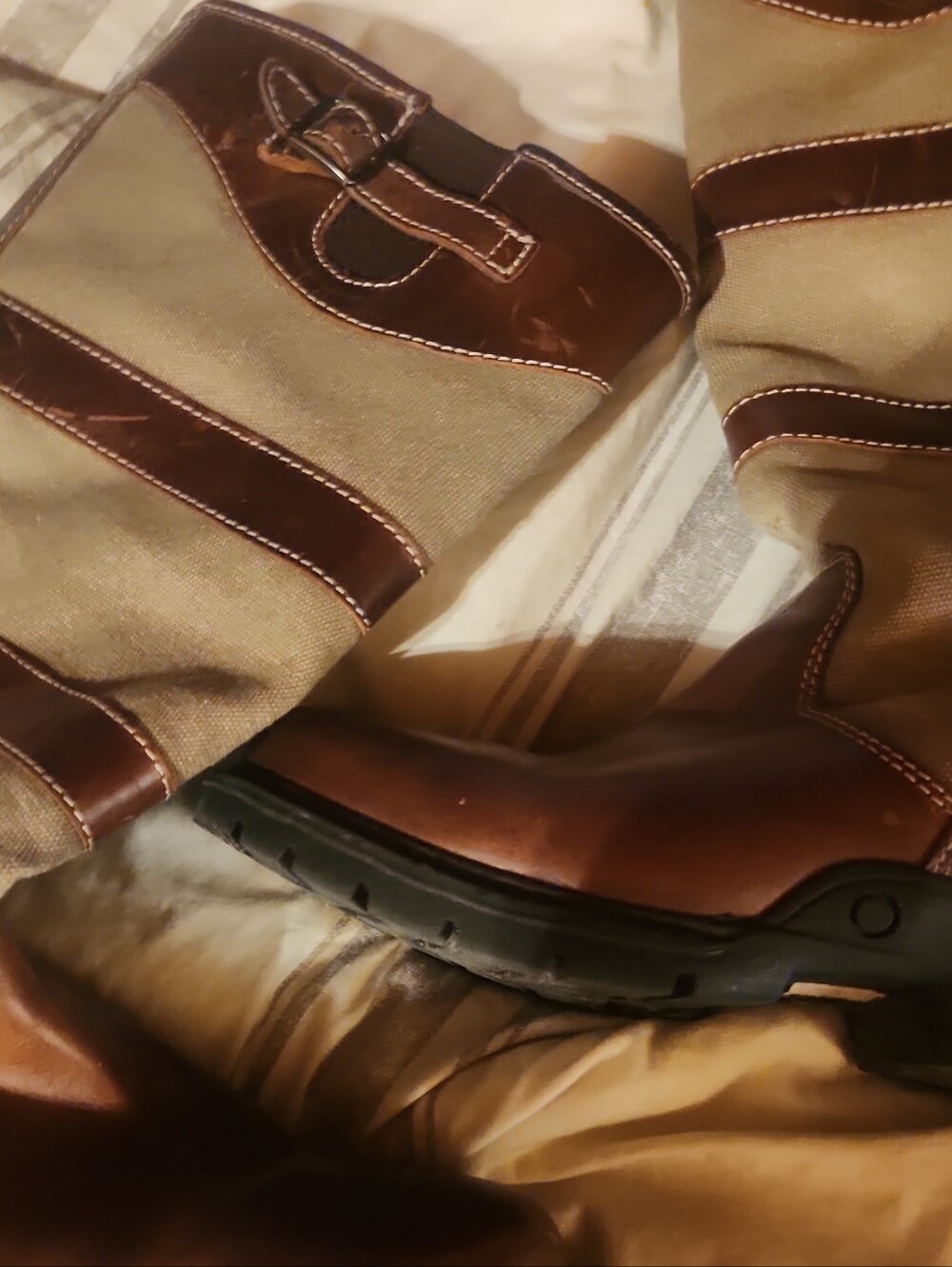 Women's Brown Leather and Tan Fabric Mid-Calf Boots